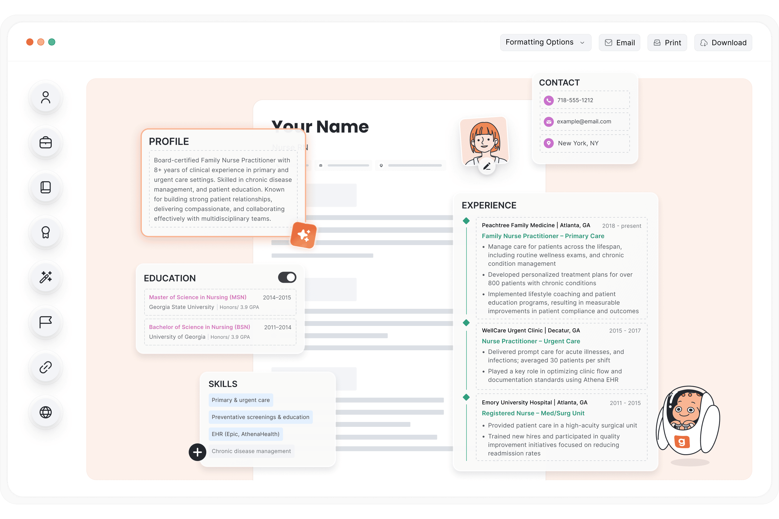 Illustration of the Resume Genius resume builder, featuring a job seeker's resume being created section-by-section.