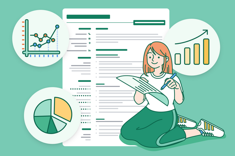 A man wearing a dress shirt, tie, and black pants is looking at resume statistics and graphs