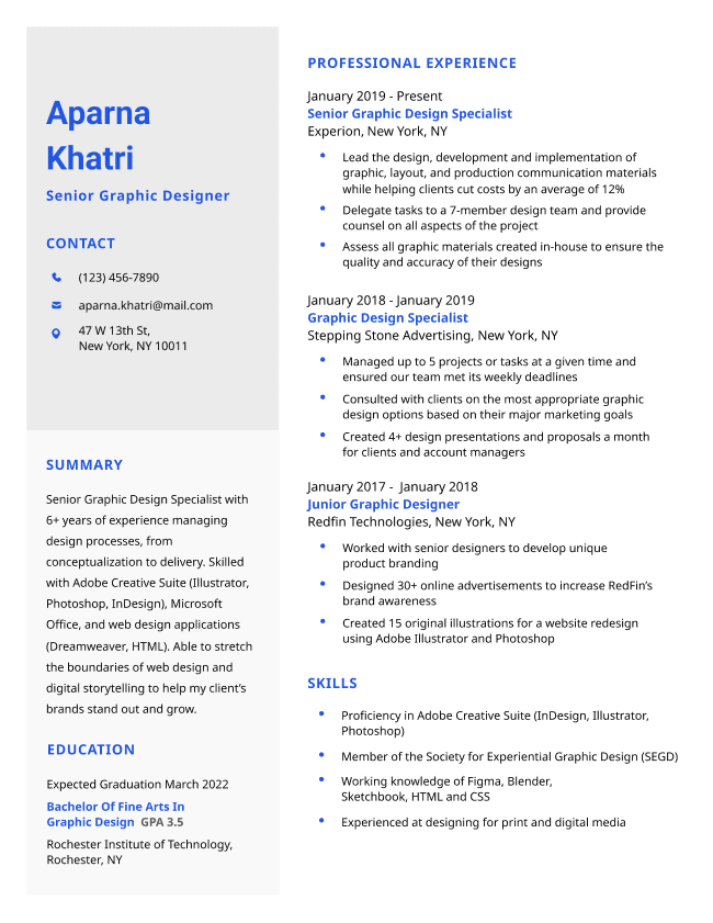 The Taj Mahal resume template in blue, featuring a large sidebar for contact information, a resume summary, and education.